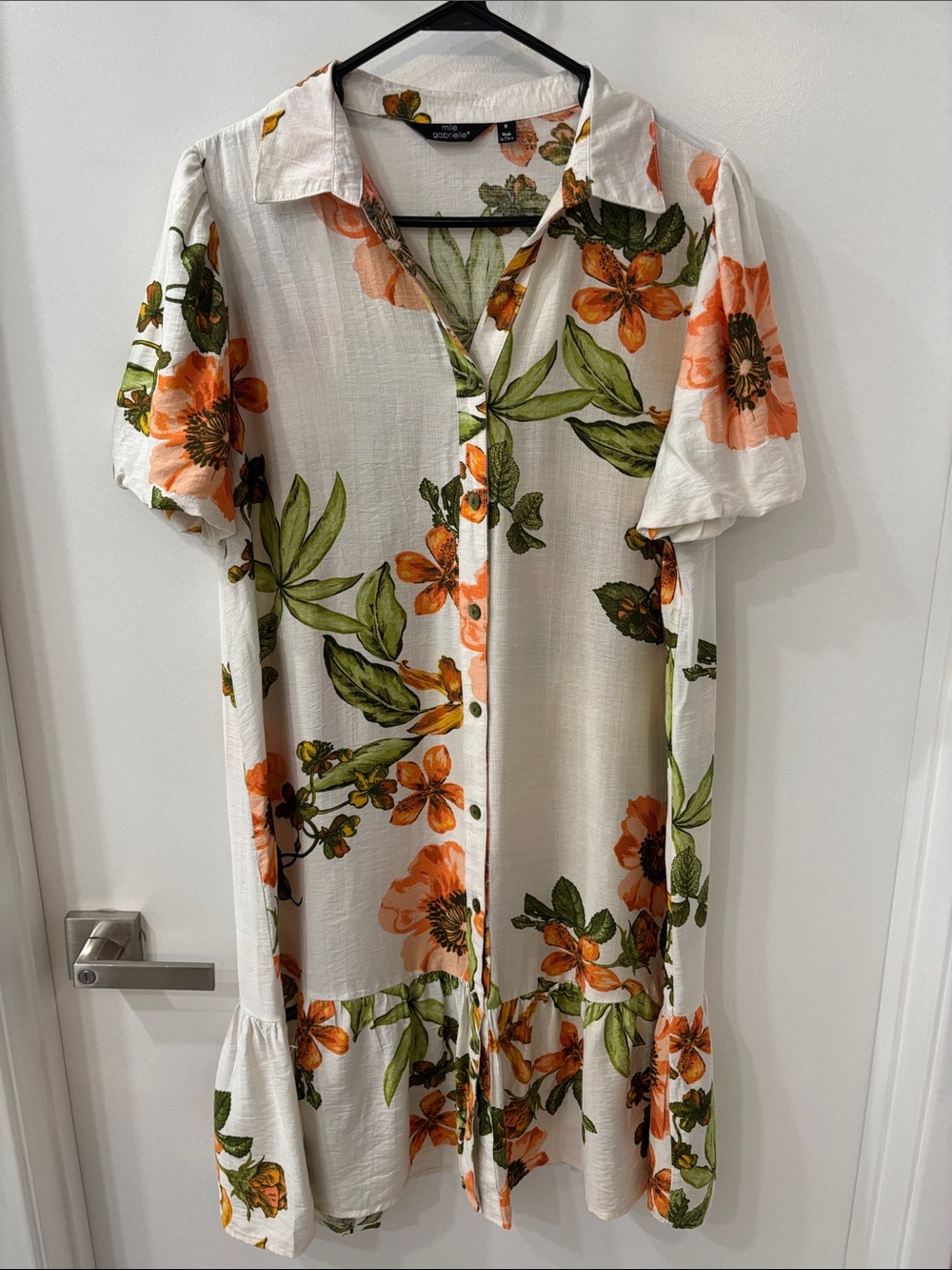 Mlle Gabrielle White Midi Shirt Dress with Orange Floral Print Balloon Sleeve